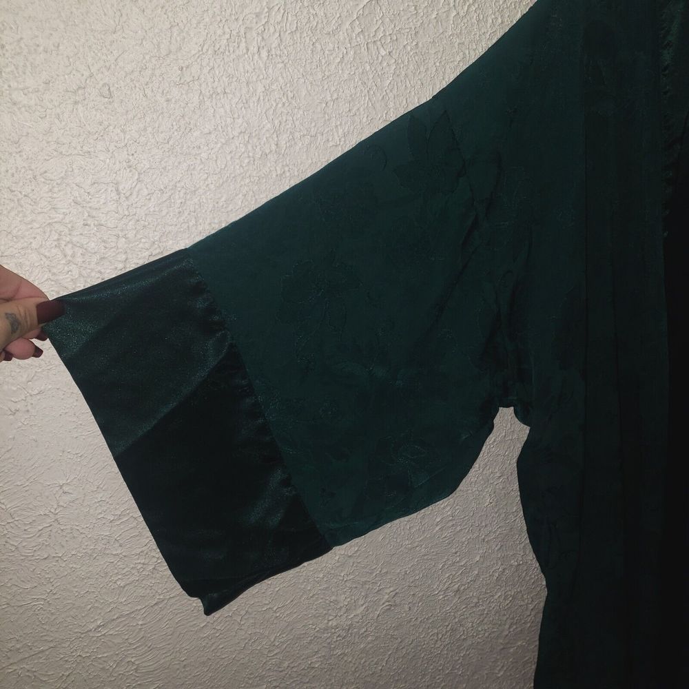 Vtg Victoria's Secret OS Gold Label Jacquard Kimono Bath Robe Green Satin Short - Picture 3 of 9